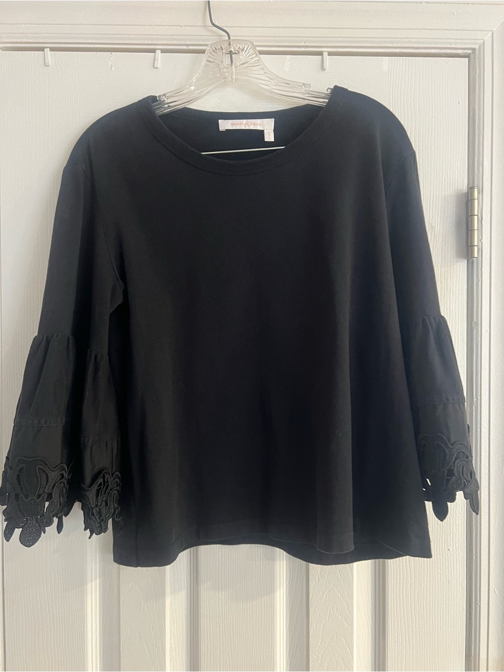 See By Chloé Black Bell Sleeve Top with Lace Trim